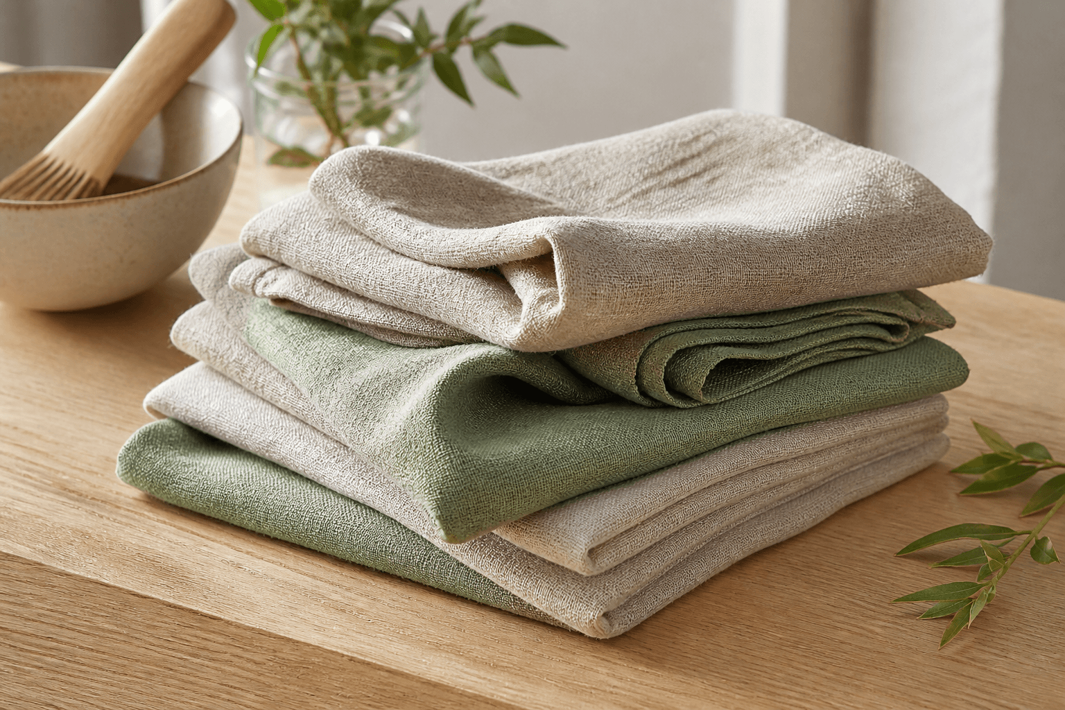 Stonewashed linen tea towels on oak wood