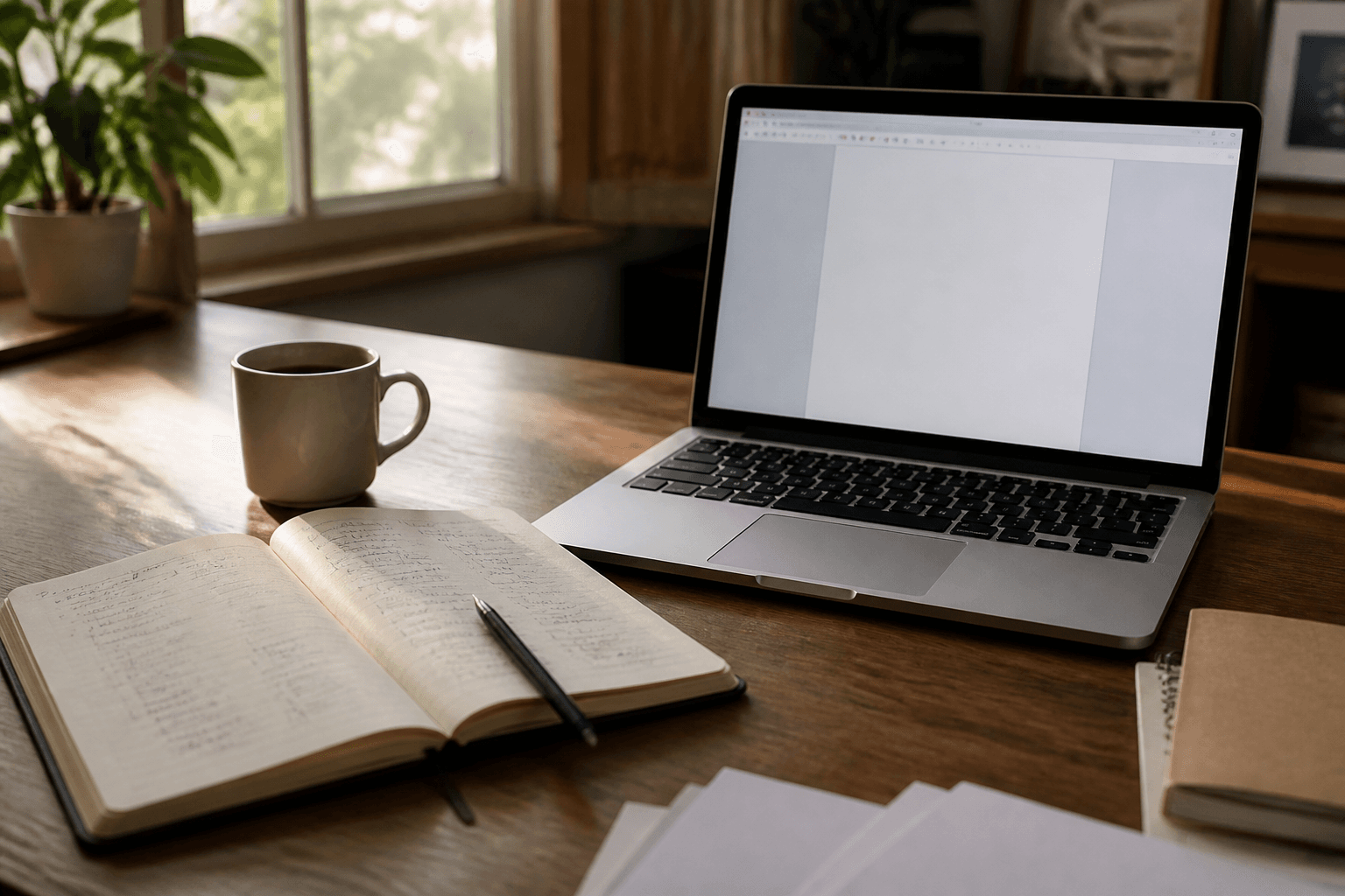 Desk with notebook and laptop ready for content planning
